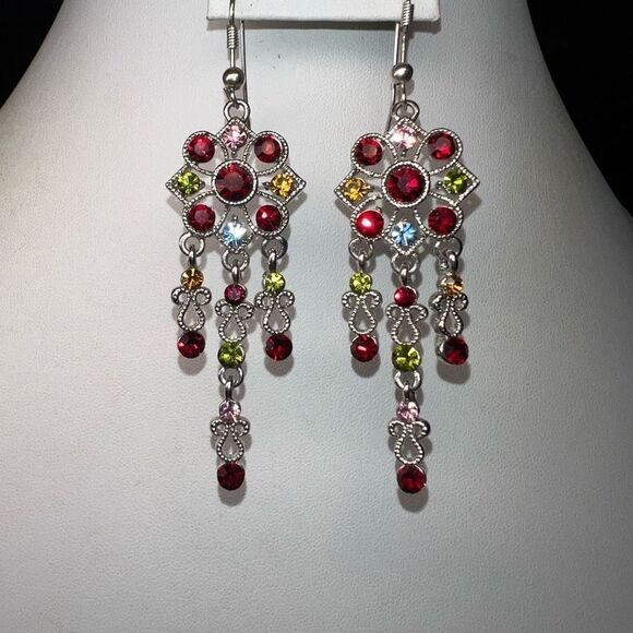 No Brand Jewelry - Silver Tone and Colorful Crystal Boho Chandelier Earrings